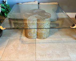 #48 - $150.00  -  Glass top ceramic base coffee table 16 1/2 H x 40 square