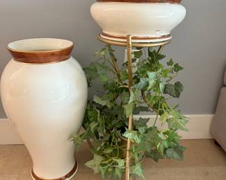 #10 - $80.00  - Bosa vases with 24k gold trim with stand and faux ivy plant, tall vase 22H x 12W, stand with small vase 28H x 12W
