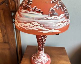 #46 - $140.00 - Cameo glass table lamp with winter scene 19H x 11W
