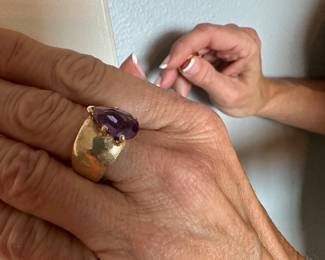 #124 - 550.00 - Lady large band ring with pear amethyst 14kt gold tested -cant read marks- size 7 - 9.83gr