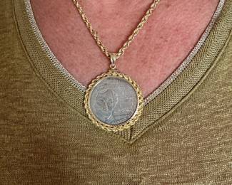 #122- $800 - 14kt gold marked rope chain 17.74gr - 18"L & # #120 - $300 14kt rope bezeled coin 10 deutch mark albert gustav - weight gold setting 7.6gr approx 