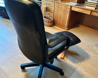 #39 - $60.00  -  Leather office chair with ottoman chair has a little damage 43H x 25W x 20D, ottoman 14H x 20W x 18D