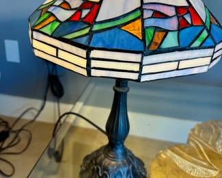 #86 - $36.00  -  Stained glass lamp white with blue, green and red