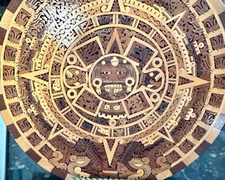 #79 - $46.00  -  Aztec Mayan inlaid mosaic wood calendar 8 in round - 8 in round