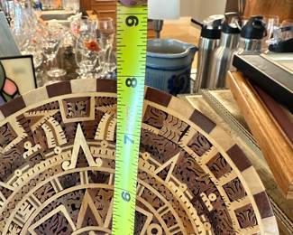 #79 - $46.00  -  Aztec Mayan inlaid mosaic wood calendar 8 in round - 8 in round