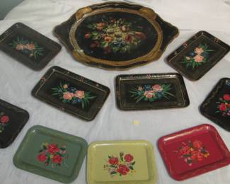 Vintage hand painted metal and wood trays 