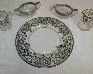 Silver overlay plate and sugar and creamers 
