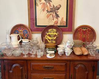 Vintage dresser, crystal, porcelain and antique wood hand painted round trays.