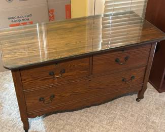 Antique Wood and Glass Top Low Chest