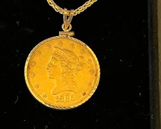 1885 US $10 Gold Coin on 14K Gold Rope Chain in Immaculate Condition
