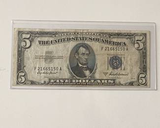 Series 1953 A $5 Silver Certificate Extra Fine Condition
