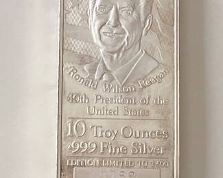 Scarce 10 Ounce .999 Fine Silver Bar "President Reagan Ingot" Limited Edition with COA and Mint Box - Number 788 of 2,500 Minted