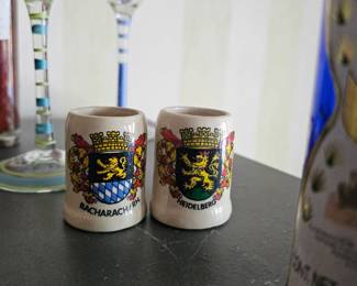Mini German Stein Shot Glasses, Bacharach & Heidelberg Coat of Arms 