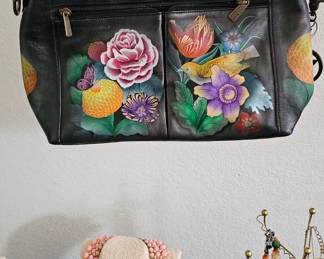 Anuschka Hand-Painted Black Leather Purse with Floral Design