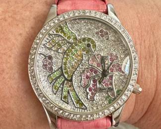 Victoria Wieck Beverly Hills B8310 Crystal Hummingbird Leather Band Watch 37mm