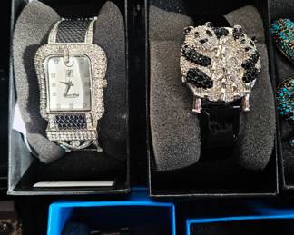 Victoria Wieck Black/Silver Pave Crystal Buckle Hinged Cuff Watch & Crystal Accent Panda Bear Watch