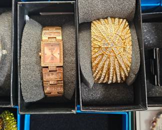 Victoria Wieck Rose Gold Tone Quartz Watch, Victoria Wieck Cuff Crystal Embellish Gold Tone Watch & Heidi Daus “Fancy Finial” Crystal Holiday Pin #32