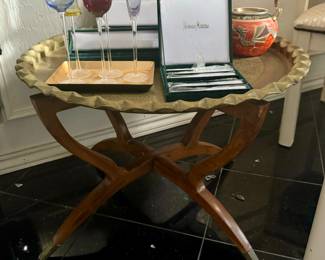 Vintage Moroccan Brass Etched Tray Coffee Table