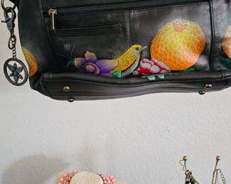 Anuschka Hand-Painted Black Leather Purse with Bird & Flowers