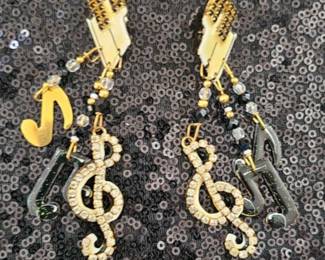 Lunch at The Ritz “Musical Notes” Rhinestone Metallic Enamel Earrings Dangle 