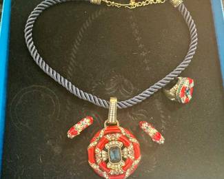 Heidi Daus “Newport Chic” Enamel Necklace & Earrings Set & Ring, Red & Blue