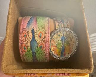 Sukriti Hand Painted PEACOCK WATCH & Leather Bracelet Wearable Art Set in Box with Pouch