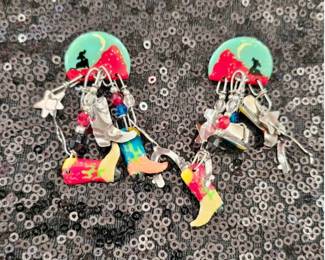 Vintage 80s Jewelry Coyote Cowboy Boots Spurs Earrings Hat Dangling Charms