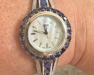 EON Swiss Movement Masoala Sapphire and Zircon Water Resistant Adjustable Bangle Watch in Platinum Plated Sterling Silver