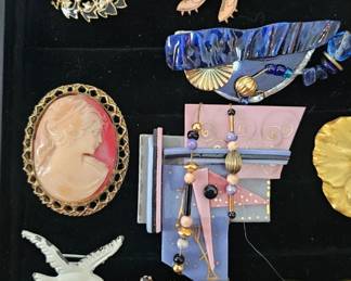 Peacock, Cameo & Rhinestone Pins 