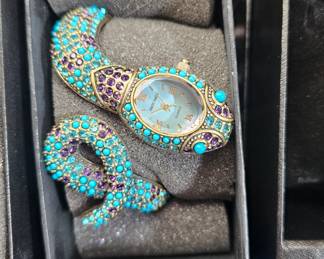 Vintage 1990 Heidi Daus Art Deco/Egyptian Revival Turquoise and Black Beaded Snake Cuff Watch