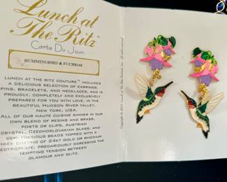Lunch at The Ritz “Hummingbirds & Fuchsias” Earrings with Menu Card