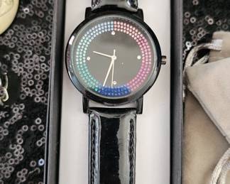 Adrienne Black/Rhinestone Dial Watch