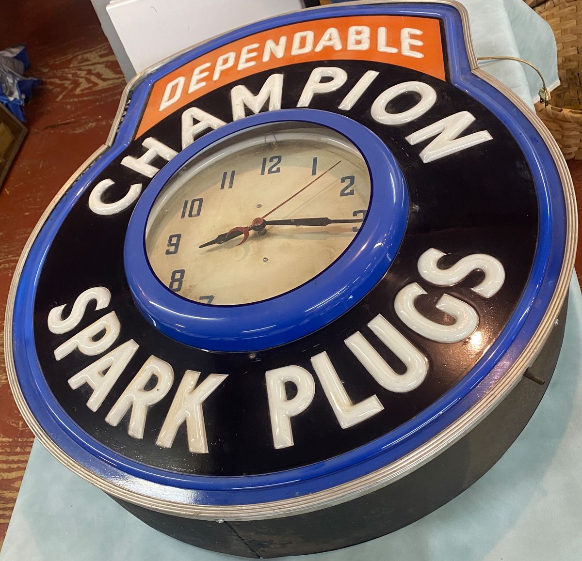 Large Champion Spark Plugs Neon Dealer Clock (Clock Runs/Neon not Working)
