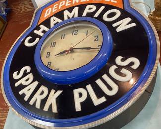 Large Champion Spark Plugs Neon Dealer Clock (Clock Runs/Neon not Working)