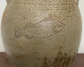 Early Incised Fish Chester Webster Pottery Salt Glaze 2 Gallon Storage Jar