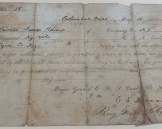 1865 Confederate Parole Paper from Kentucky Volunteers Lyon County Kentucky (Named)