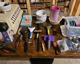 Dog trimmers, combs, brushes, leashes, bowls, etc.