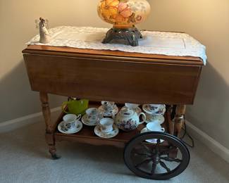 Lot 4 - $250 - Vintage Drop Leaf Tea Cart, 1 drawer.  33"w 20"d (with leaves dropped) 28"h.  Each of 2 leaves is 9"d, maximum width 38".
