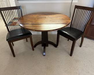 Lot 9 - $300 - Drop Leaf Table and 2 Chairs - 40"w 24"d with leaves down, 2 leaves 8"w each, max 40" x 40" 30"h.  Chairs have 18"h seat.