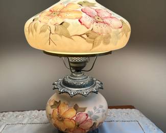 Lot 3 - $200 - Vintage Gone with the Wind style hand painted hurricane lamp.  24”h Top and bottom light separately or together.  