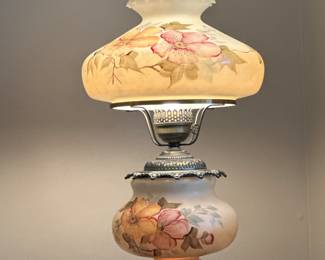 Lot 3 - $200 - Vintage Gone with the Wind style hand painted hurricane lamp.  24”h. Top and bottom light separately or together.  