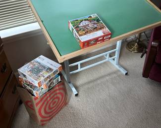 Lot 23 - $100 - Tilting Puzzle Table with Drawers  34 x 26"