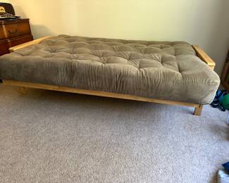 Lot 27 - $400 - Futon with 10” Innerspring  Mattress, made in USA by Standard Mattress  July 2015.  Smoke and pet free home. Rarely if ever used.   Full size mattress 54 x 75”.  