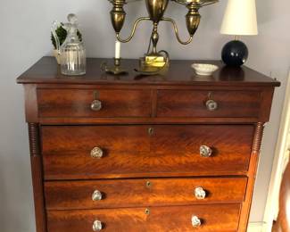 Beautiful antique crotch mahogany 6 drawer chest with glass pulls