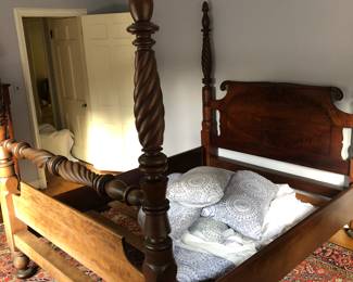 Beautiful antique 4 poster bed will fit a queen mattress with extra room, fine antique Oriental rug