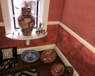 1 of 2 huge antique Japanese Imari 22" covered jars with foo dog finials & other antiques