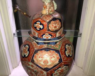 1 of 2 huge antique Japanese Imari 22" covered jars with foo dog finials 