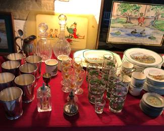 Much foxhunting, Hunt and horsey vintage glassware, Silver plate Mint Julip set with 9 cups