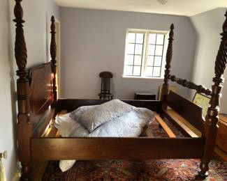 Beautiful antique 4 poster bed will fit a queen mattress with extra room, antique Oriental rug