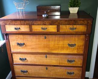 Beautiful tiger maple with some burl and secondary wood, antique 7 drawer chest, some veneer loss at bottom left